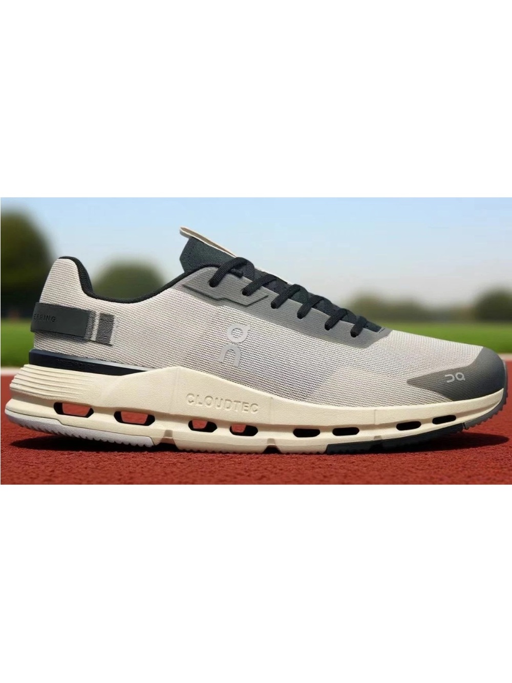On Running Men's Trainer in Cream and Gray with Black Accents